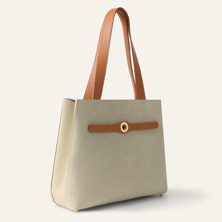 Sand with Tan Complimentary Bag Q1 Reservation: Sarah Tote with Gold hardware side closed | N38-G