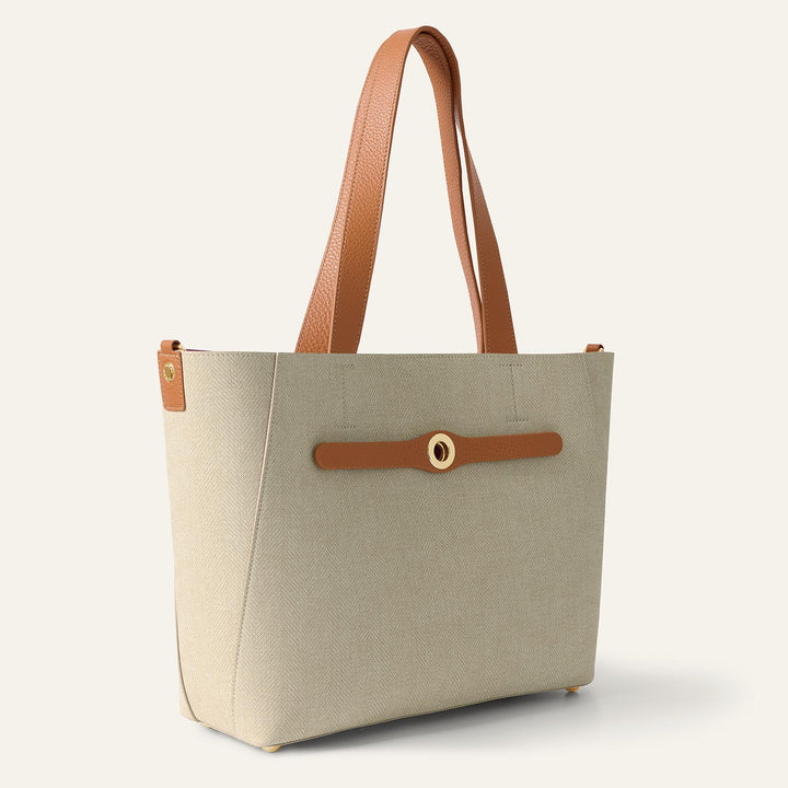 Sand with Tan Complimentary Bag Q1 Reservation: Sarah Tote with Gold hardware side open | N38-G