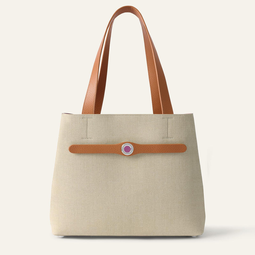 Sand with Tan Complimentary Bag Q1 Reservation: Sarah Tote with Silver hardware front closed | N38-S