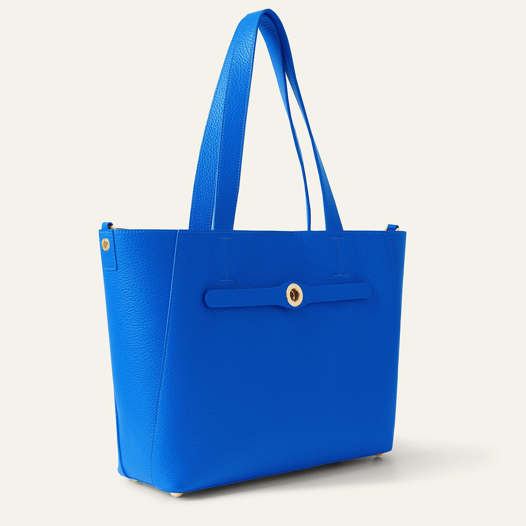 Sapphire Blue Sarah Tote with Gold Hardware side open | U82-G