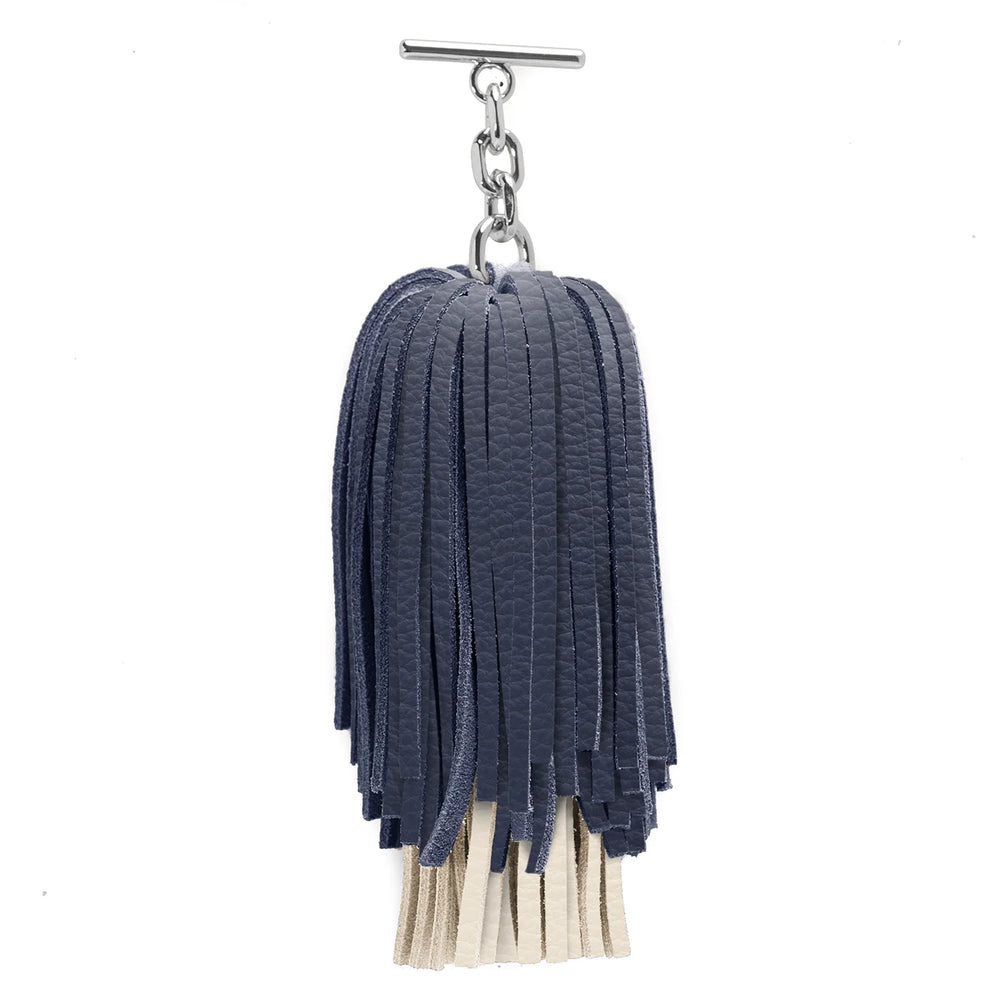 Navy Cream Sarah Haran Double Pompom Tassel Textured Sale with Silver hardware front 1 | U36-S