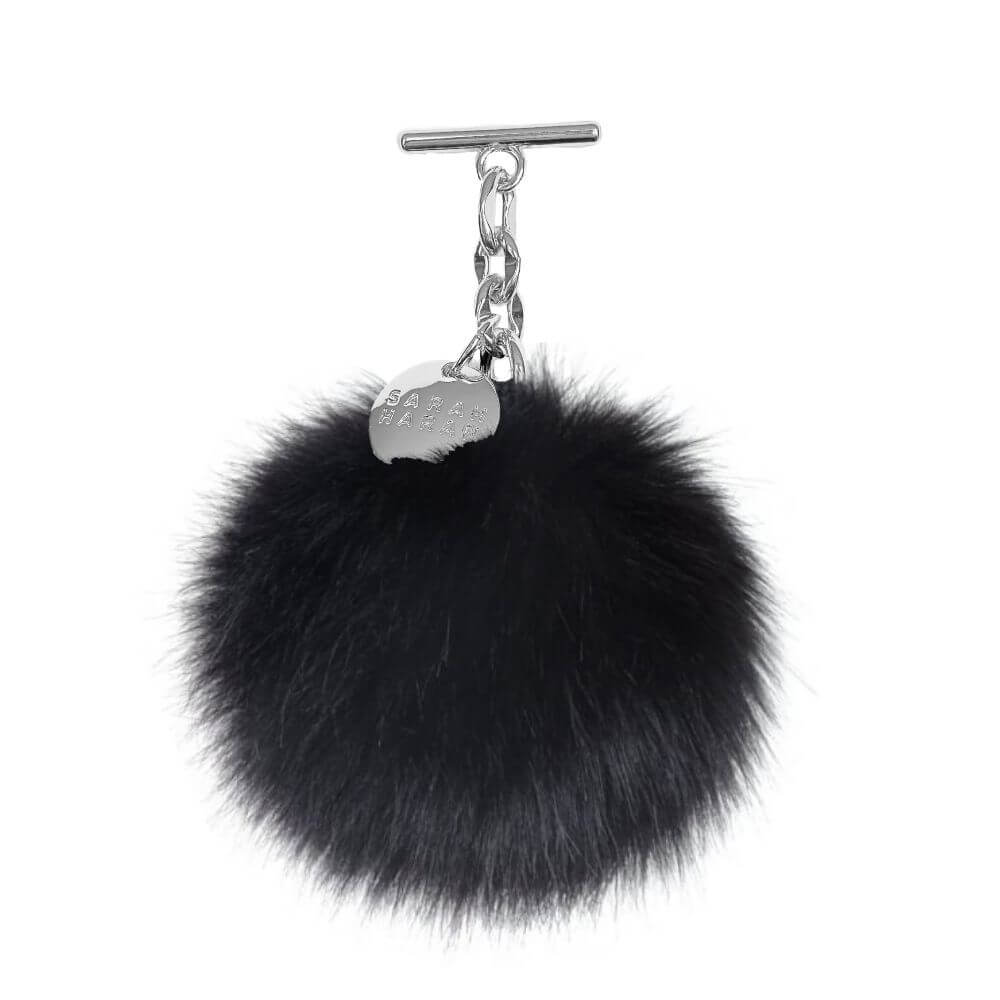 Black Faux Fluff PomPom Tassel with Silver hardware front 1 | B01-S