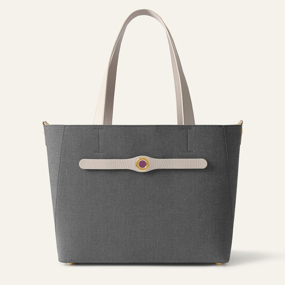 Storm Grey with Porcelain Complimentary Bag Q1 Reservation: Sarah Tote with Gold hardware front open | A11-G