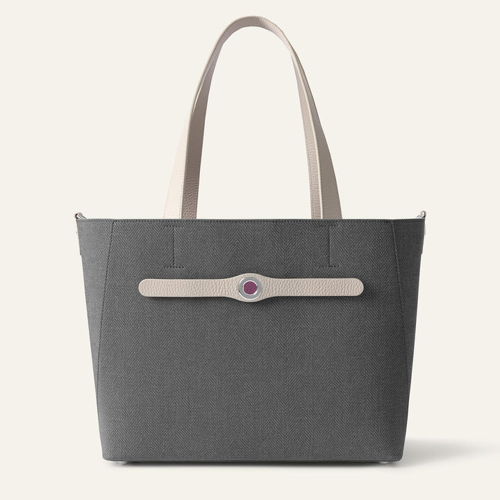 Storm Grey with Porcelain Complimentary Bag Q1 Reservation: Sarah Tote with Silver hardware front open | A11-S