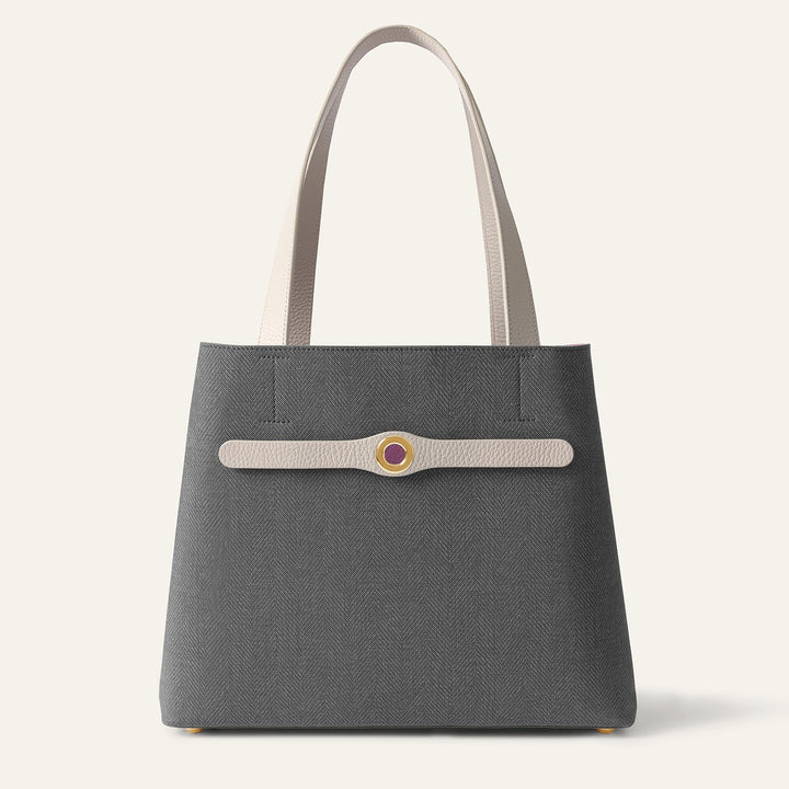 Storm Grey with Porcelain Complimentary Bag Q1 Reservation: Sarah Tote with Gold hardware front closed | A11-G