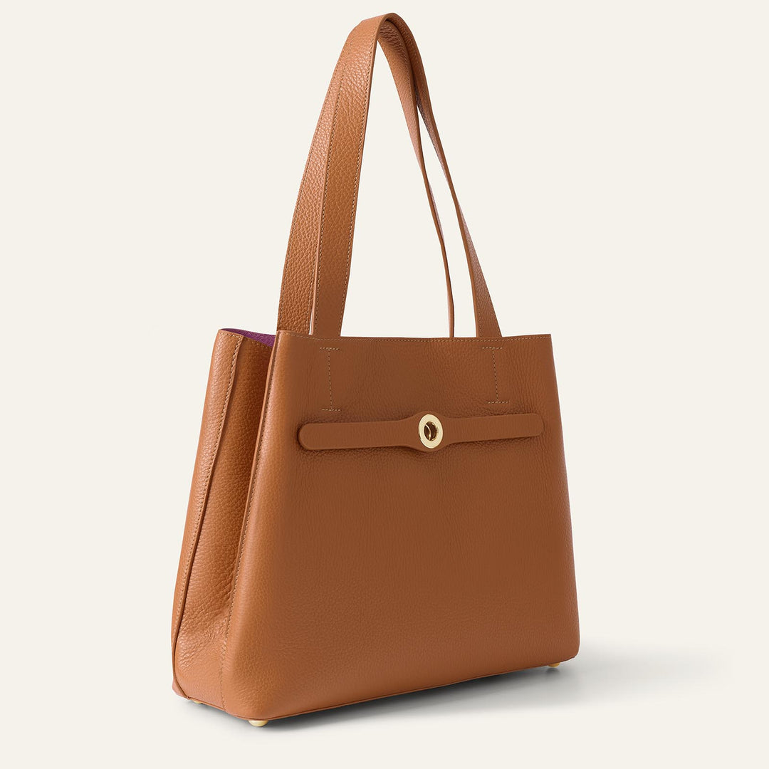 Tan Sarah Tote with Gold Hardware side closed | N04-G