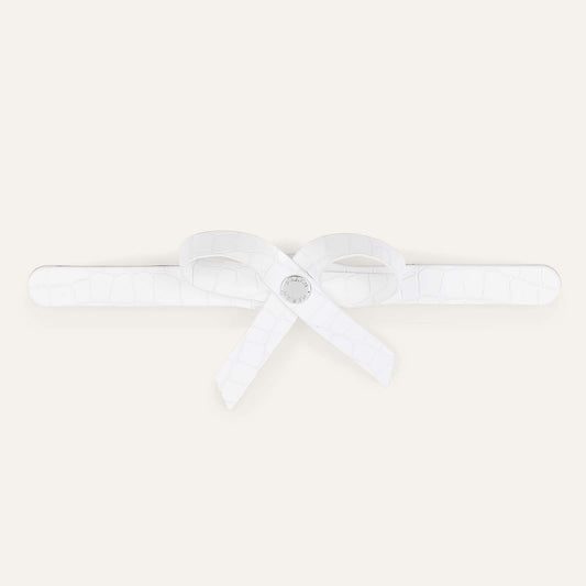 Petite Bow Classic | White Patent Croc with Silver hardware