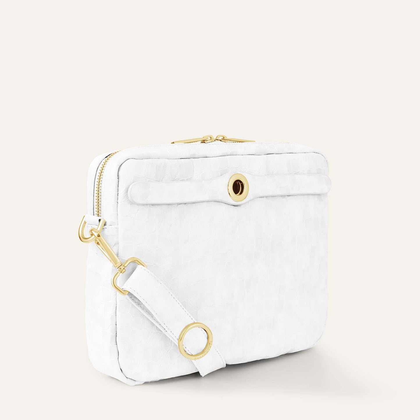 Mia Crossbody | White Patent Croc with Gold hardware