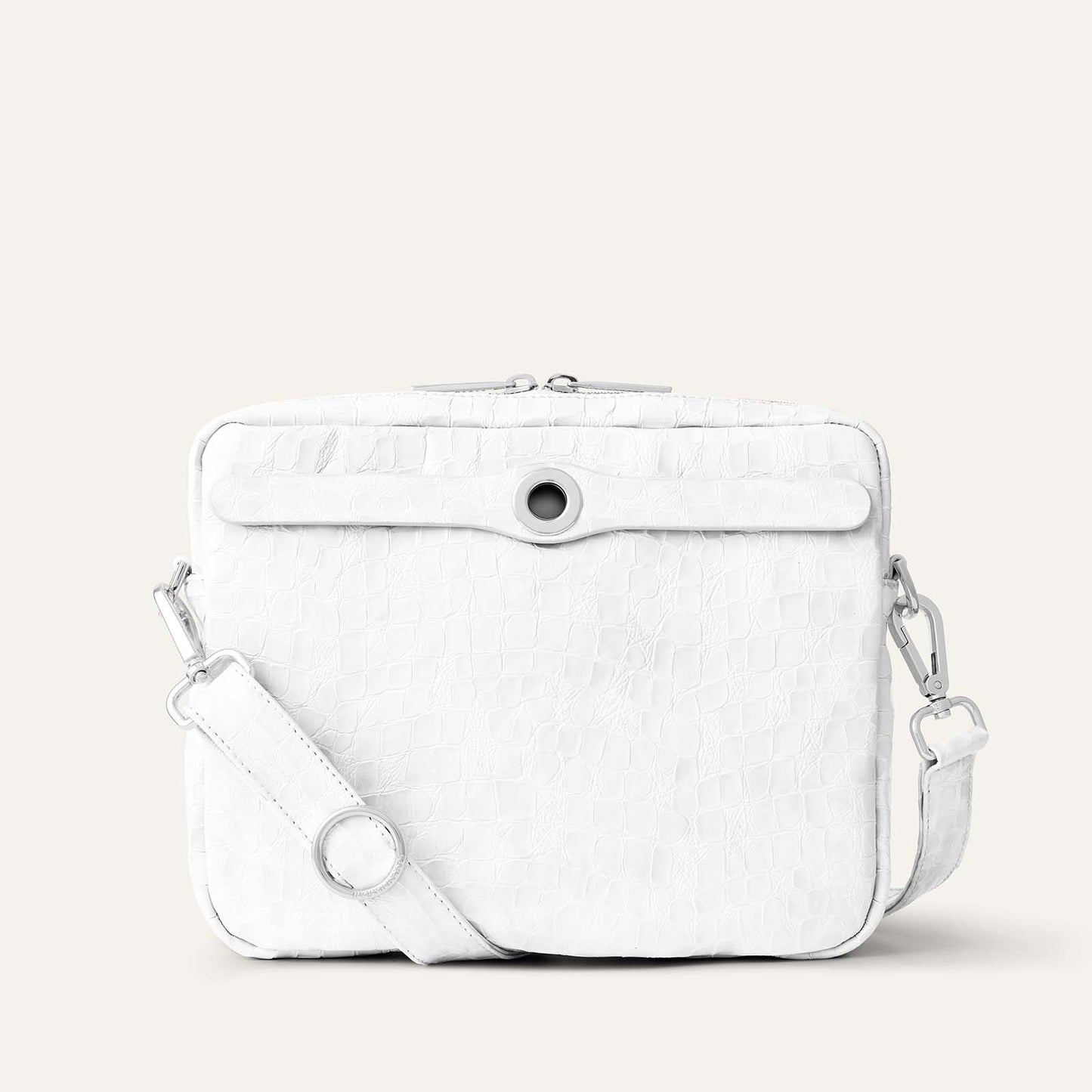 Mia Crossbody | White Patent Croc with Silver hardware