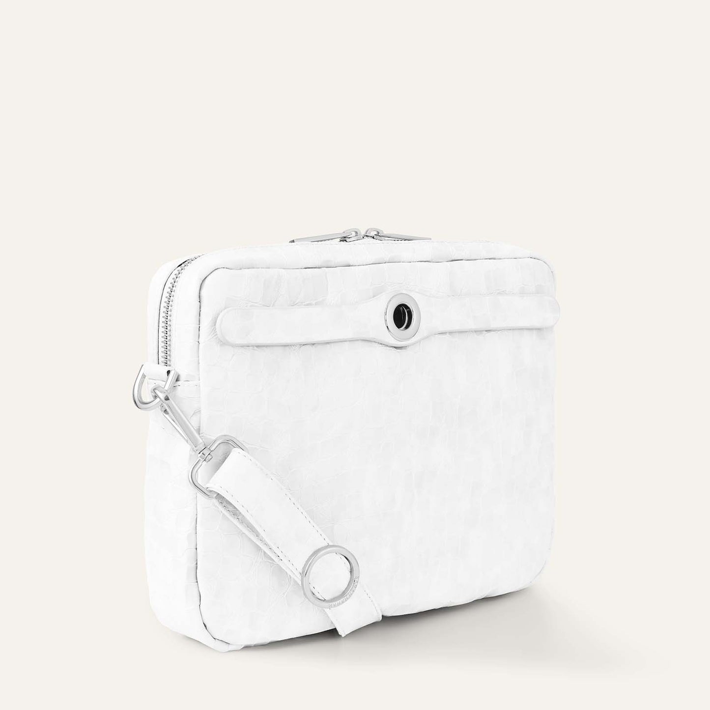 Mia Crossbody | White Patent Croc with Silver hardware