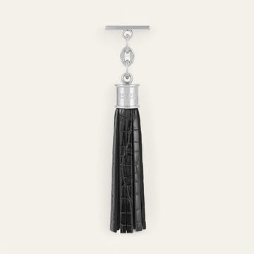 Black Patent Croc Sarah Haran Capsule Tassel with Silver hardware front