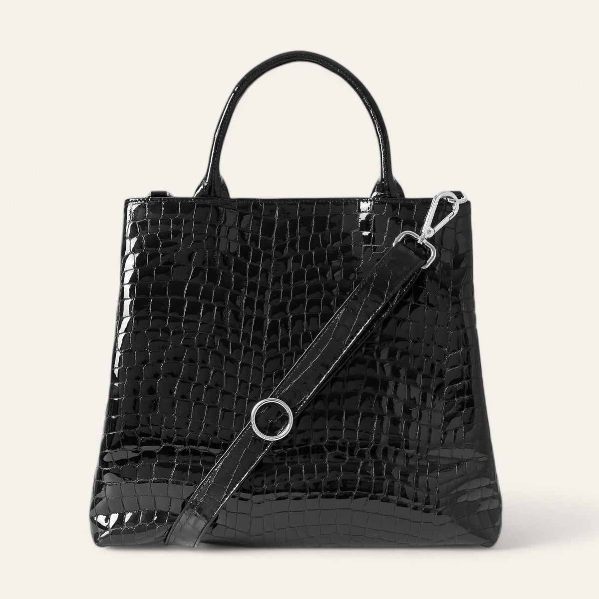 Black Patent Croc Sarah Haran Dahlia Tote with Silver hardware back