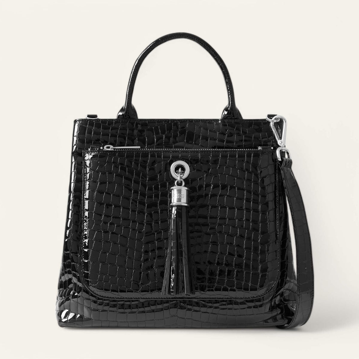 Black Patent Croc Sarah Haran Dahlia Tote with Silver hardware front