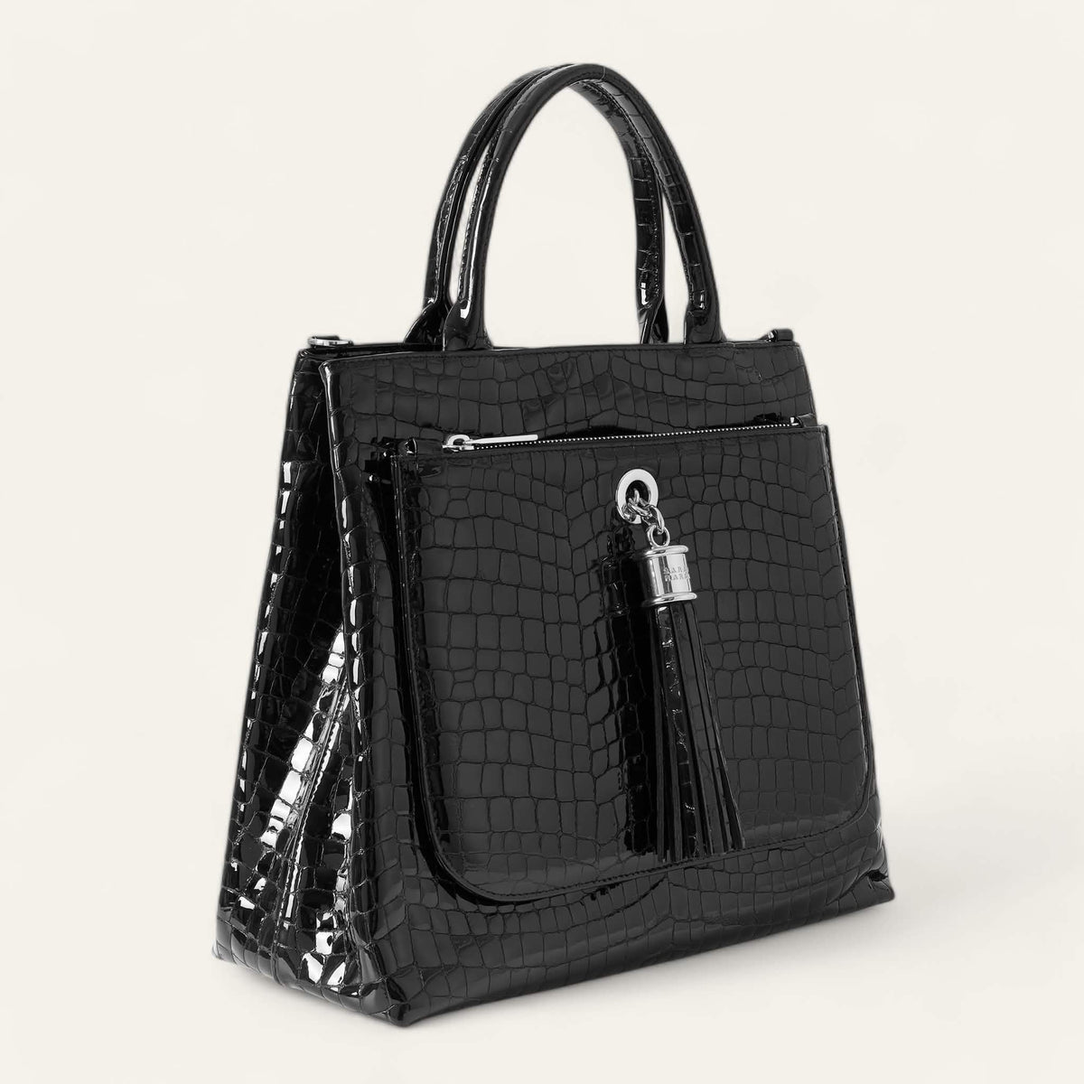 Black Patent Croc Sarah Haran Dahlia Tote with Silver hardware side closed