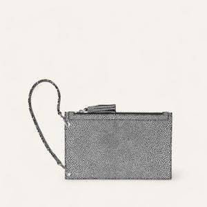 Black and White Shagreen Sarah Haran Clover Pouch with Silver hardware front