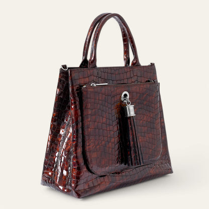 Dahlia Tote | Tortoiseshell Patent Croc with Silver hardware