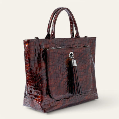 Dahlia Tote | Tortoiseshell Patent Croc with Silver hardware