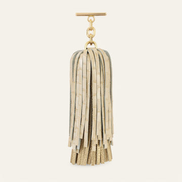Cream Patent Croc Sarah Haran Double Pom Pom Tassel Gold Front C13 G