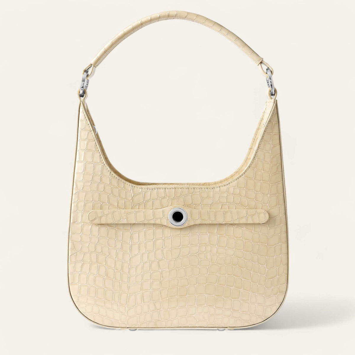 Cream Patent Croc Sarah Haran Florence Hobo Bag with Silver hardware front