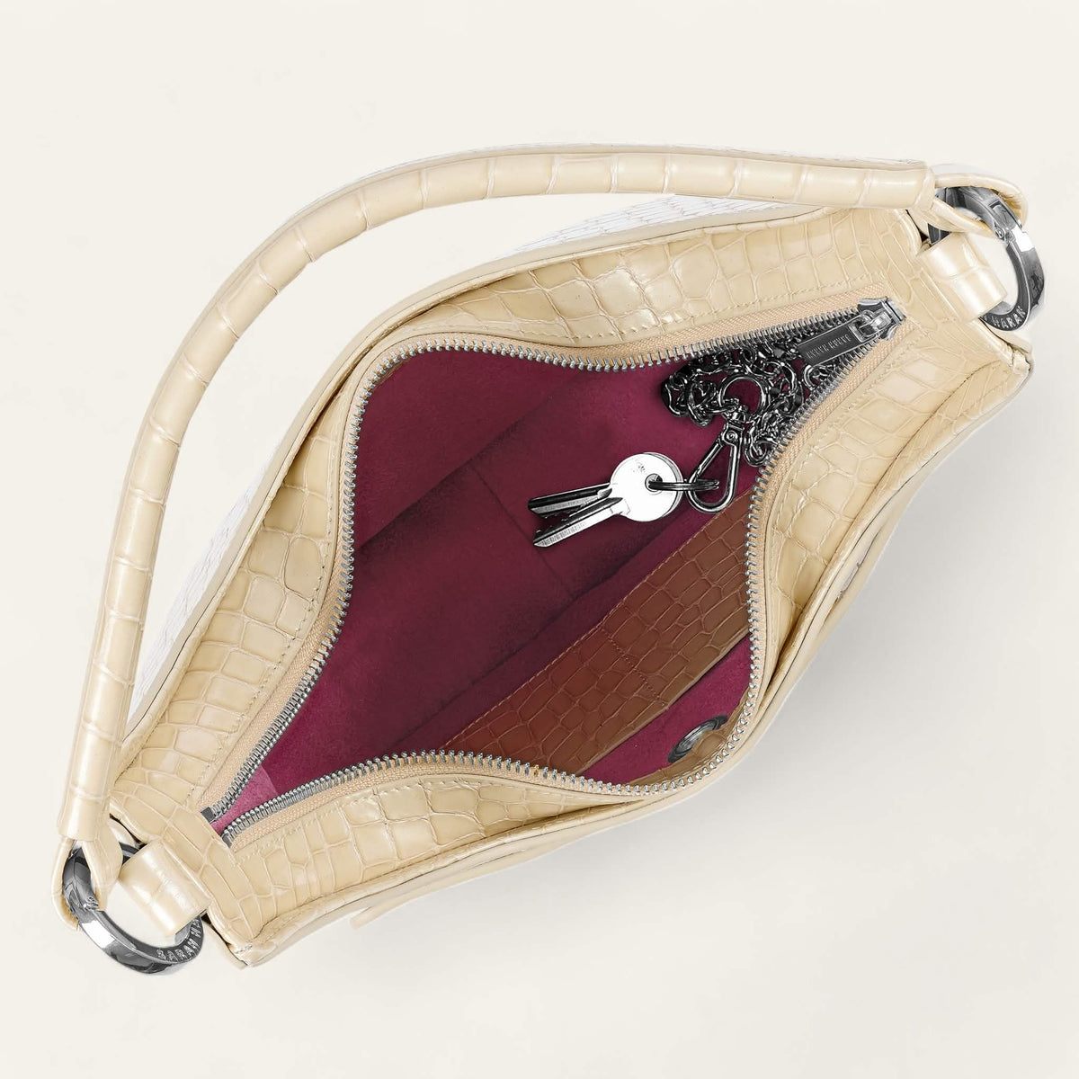 Cream Patent Croc Sarah Haran Florence Hobo Bag with Silver hardware overhead