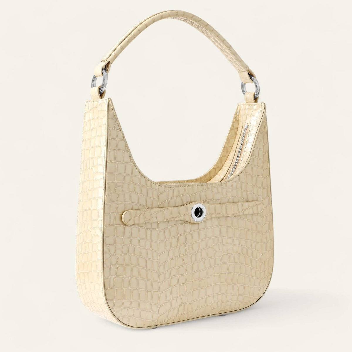 Cream Patent Croc Sarah Haran Florence Hobo Bag with Silver hardware side