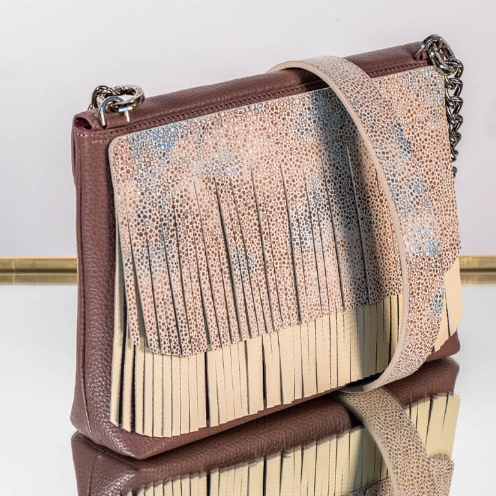 Natural Shagreen Cream Sarah Haran Deco Fringing with Gold hardware on bag | C09-G