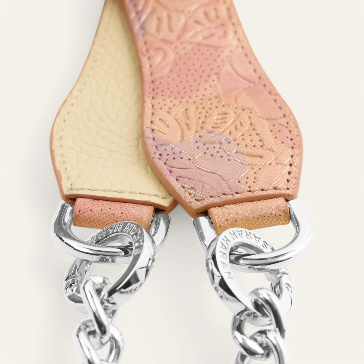 Garden Of Roses Cream Sarah Haran Gemini Strap with Silver hardware closeup