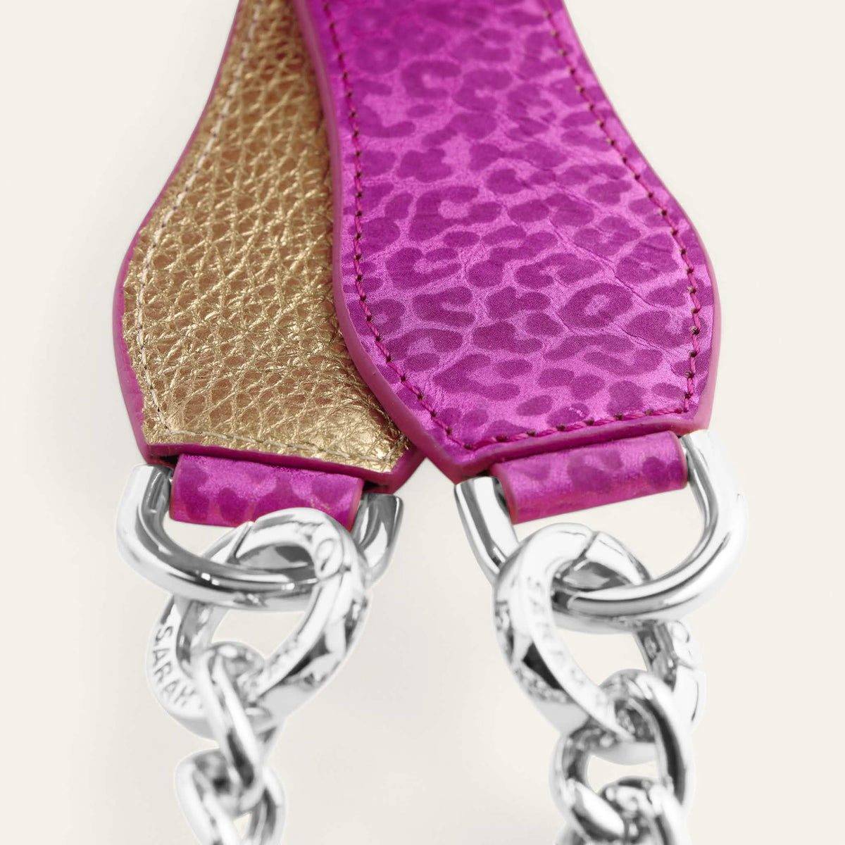 Hot Pink Leopard Shimmer Metallic Gold Sarah Haran Gemini Strap with Silver hardware closeup
