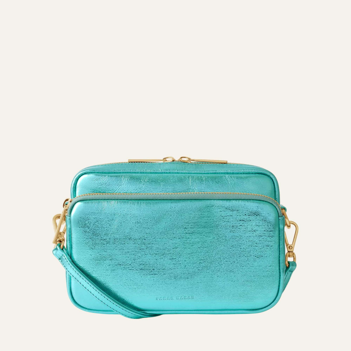 Metallic Turquoise Sarah Haran Millie Crossbody Millie Pouch with Gold hardware U91 G hardware