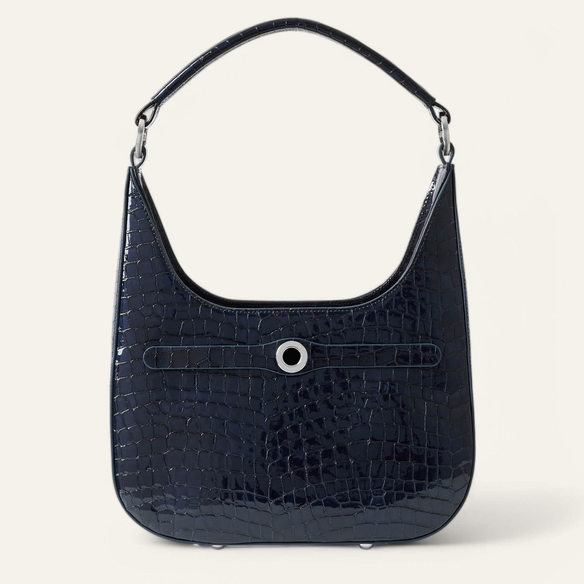 Navy Patent Croc Sarah Haran Florence Hobo Bag with Silver hardware front