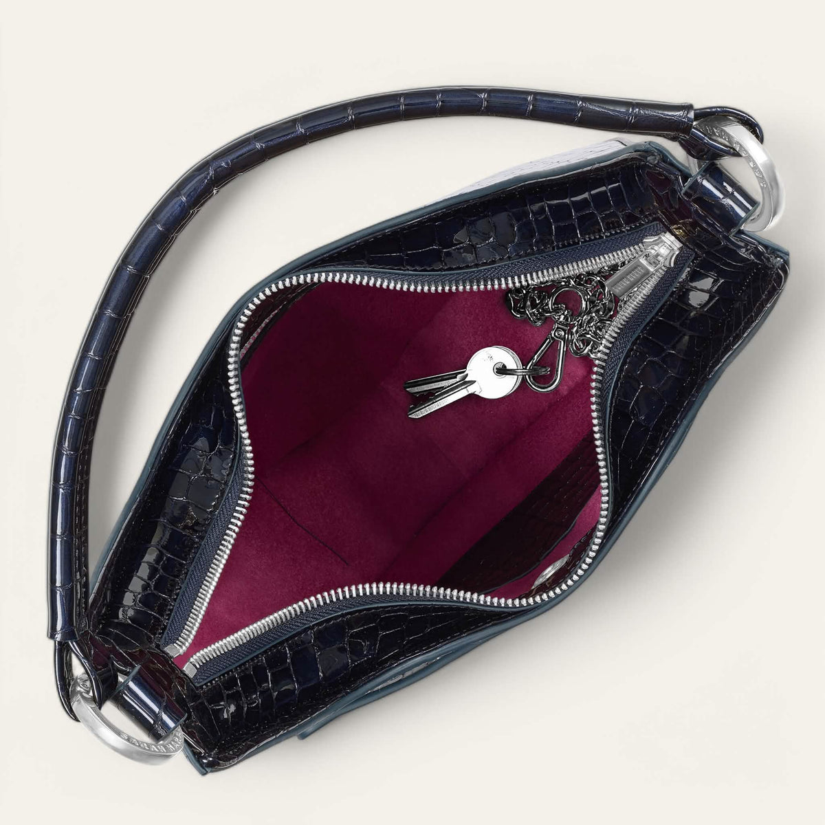 Navy Patent Croc Sarah Haran Florence Hobo Bag with Silver hardware overhead