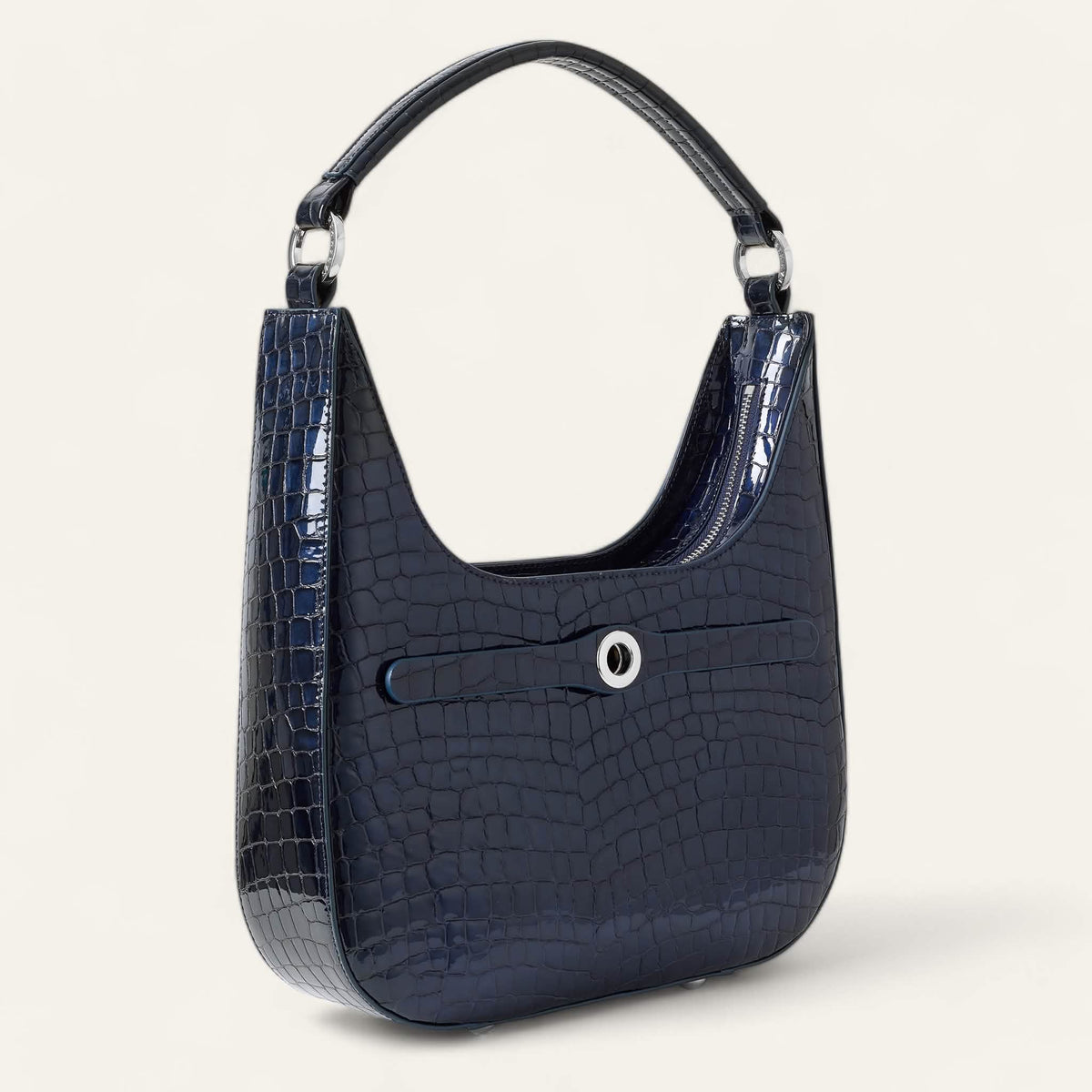 Navy Patent Croc Sarah Haran Florence Hobo Bag with Silver hardware side
