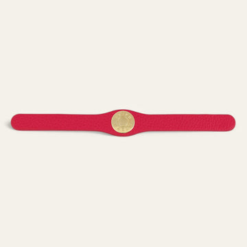 Pillarbox Red Sarah Haran Deco Logo with Gold hardware front