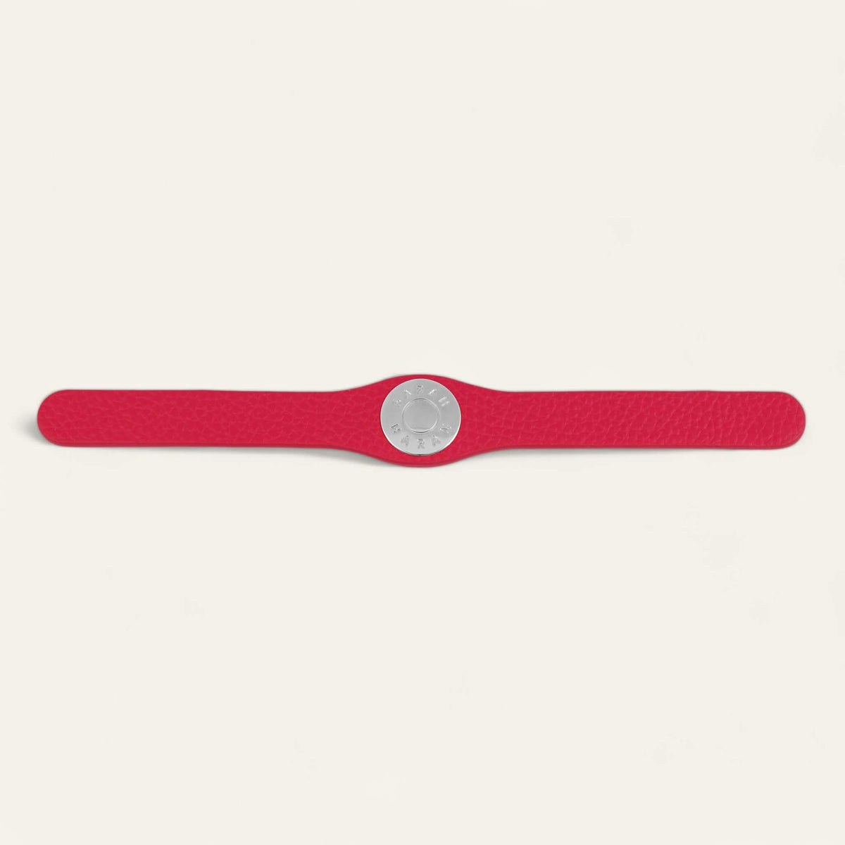 Pillarbox Red Sarah Haran Deco Logo with Silver hardware front