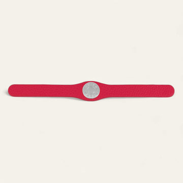 Pillarbox Red Sarah Haran Deco Logo with Silver hardware front