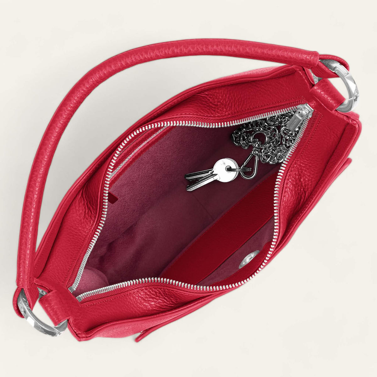 Pillarbox Red Sarah Haran Florence Hobo Bag with Silver hardware overhead