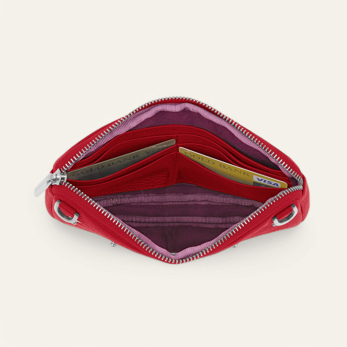 Pillarbox Red Sarah Haran Millie Pouch with Silver hardware overhead