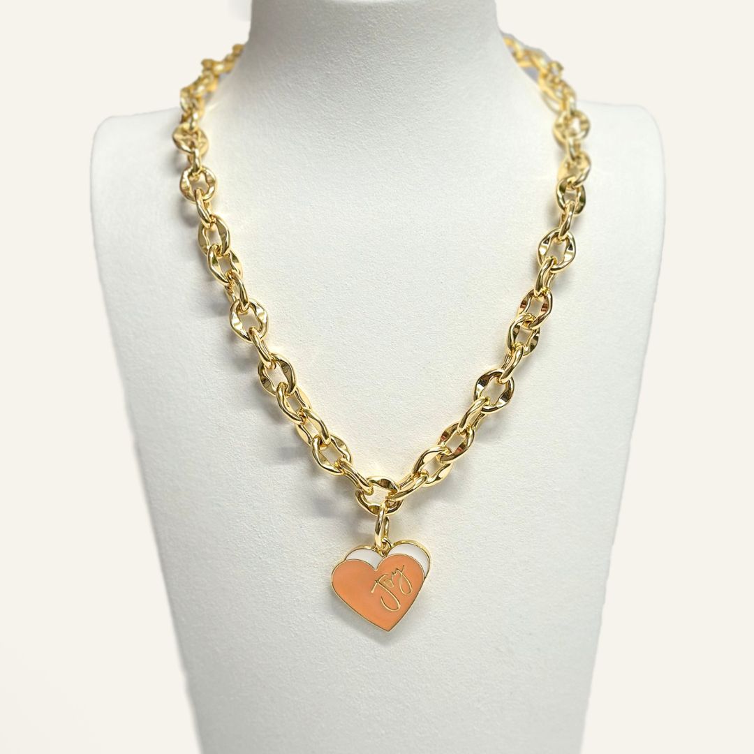 Padlock Chain Heart Necklace | Coral Heart with Gold hardware