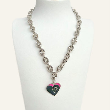 Padlock Chain Heart Necklace | Pink Heart with Silver hardware