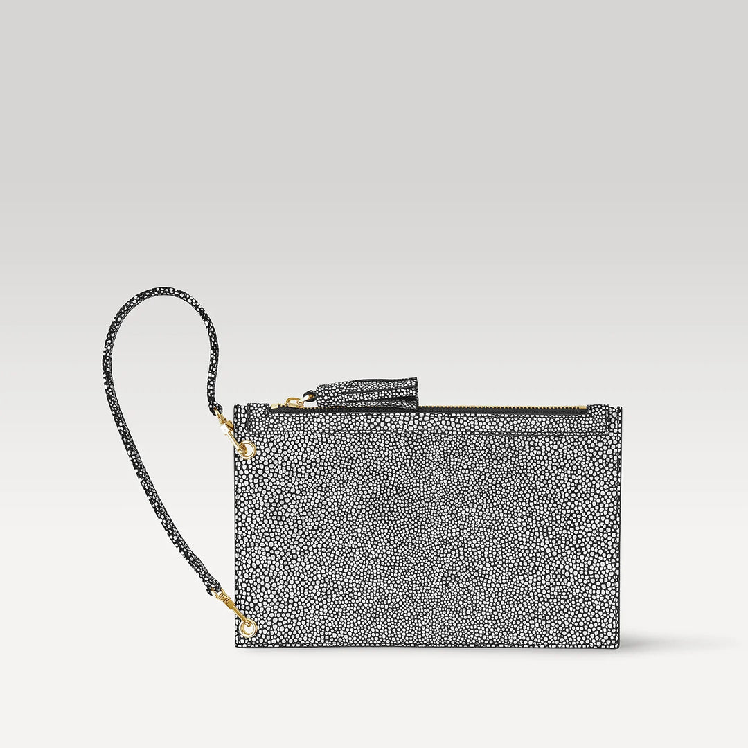 Black and White Shagreen Sarah Haran Clover Wristlet with Gold hardware front | B32-G