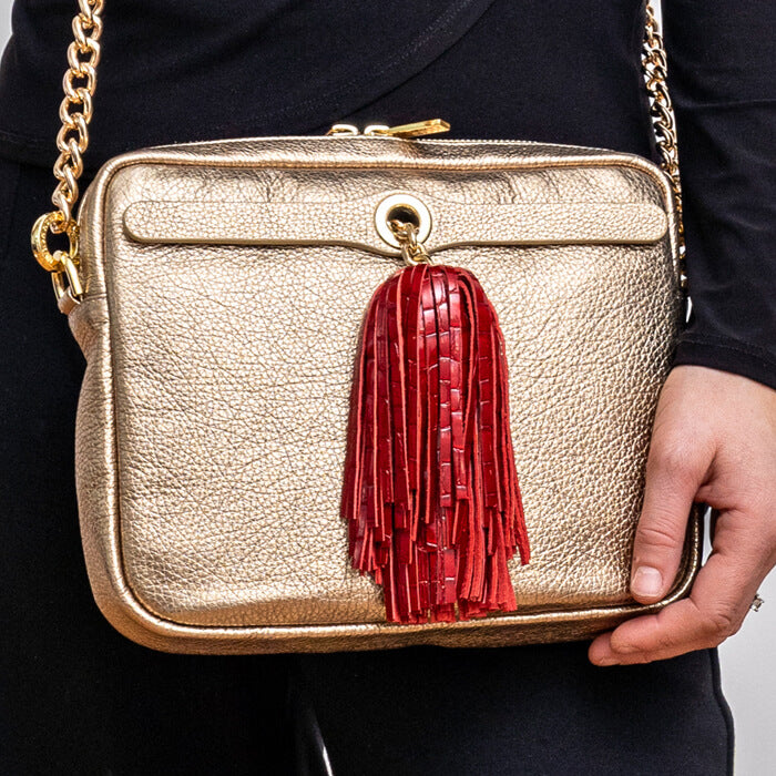 Red Patent Croc Pillarbox Red Sarah Haran Double Pompom Tassel Textured with Gold hardware model | O22-G