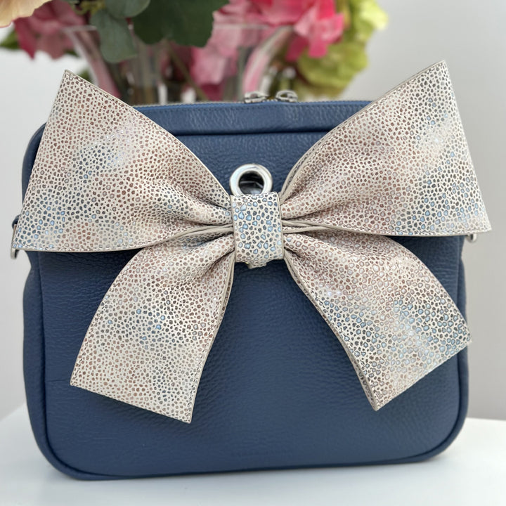 Natural Shagreen Sarah Haran Deco Bow Textured with Silver hardware on bag | N26-S