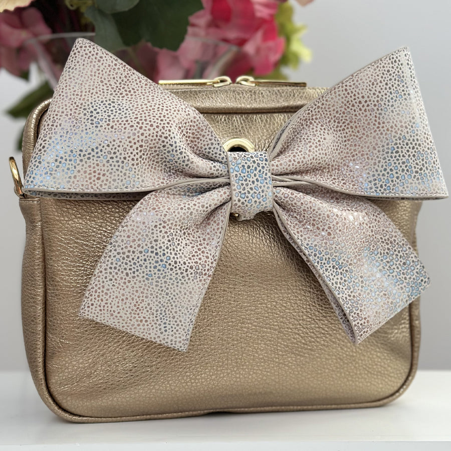 Natural Shagreen Sarah Haran Deco Bow Textured with Gold hardware on bag | N26-G