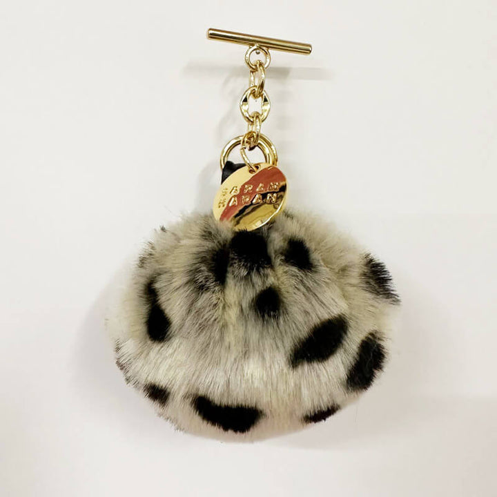 Leopard Faux Fluff PomPom Tassel with Gold hardware front 1 | N13-G