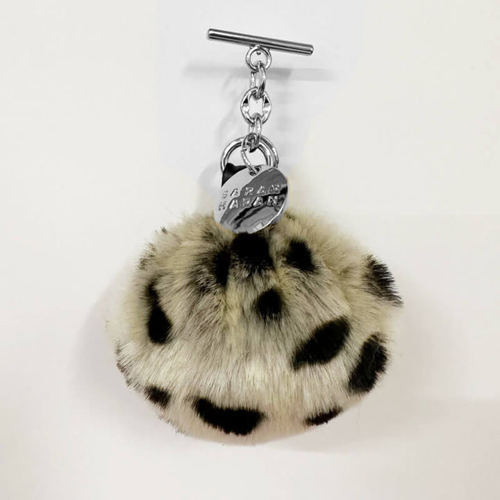 Leopard Faux Fluff PomPom Tassel with Silver hardware front 1 | N13-S