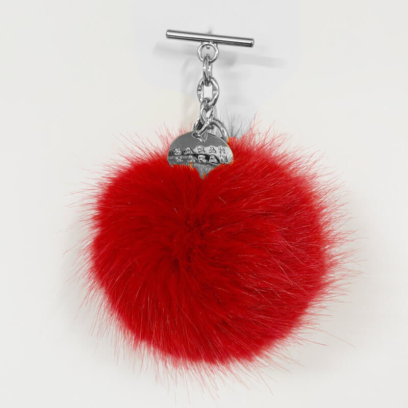 Red Faux Fluff PomPom Tassel with Silver hardware front 1 | RO27-S