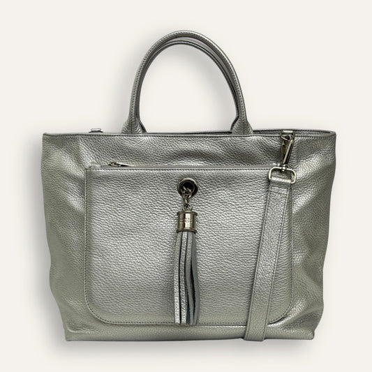 Preloved Dahlia Tote | Metallic Soft Silver with Silver hardware
