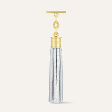 Soft Metallic Silver Sarah Haran Capsule Tassel with Gold hardware Front M05 G