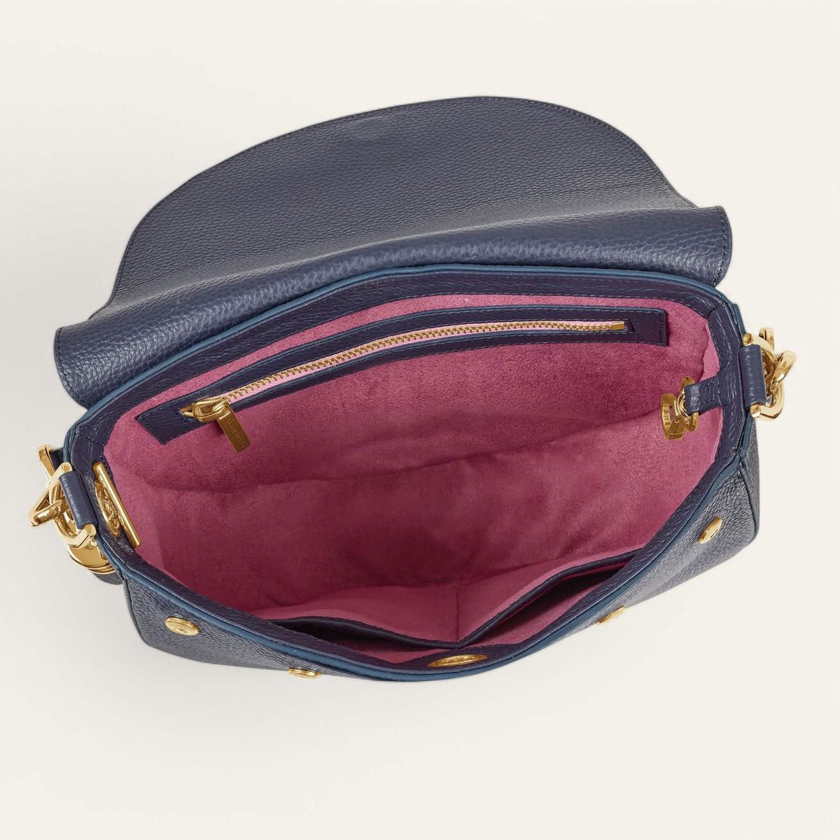 Space Sarah Haran Luna Satchel with Gold hardware overhead without ivy