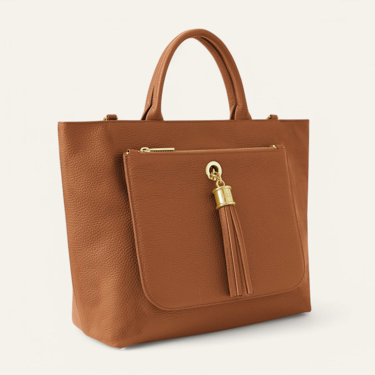 Tan Sarah Haran Dahlia Tote with Gold hardware side open